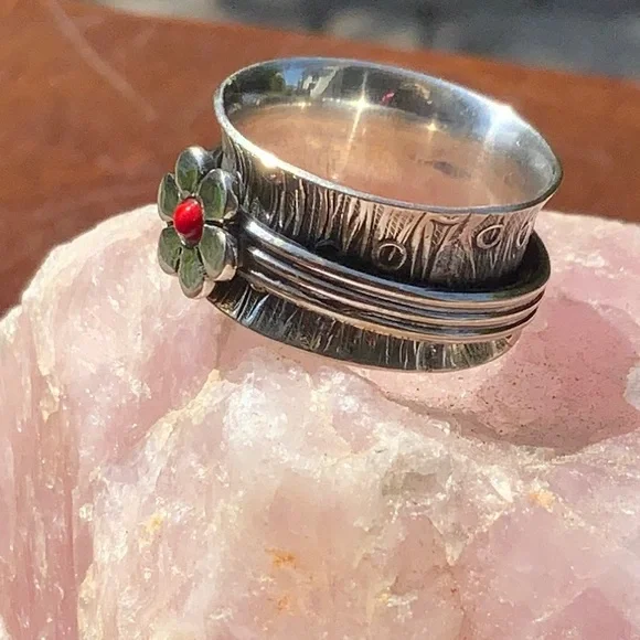 CORAL MEDITATION RING 925 STERLING SILVER RING, SIZE 6.5 - Picture 2 of 8